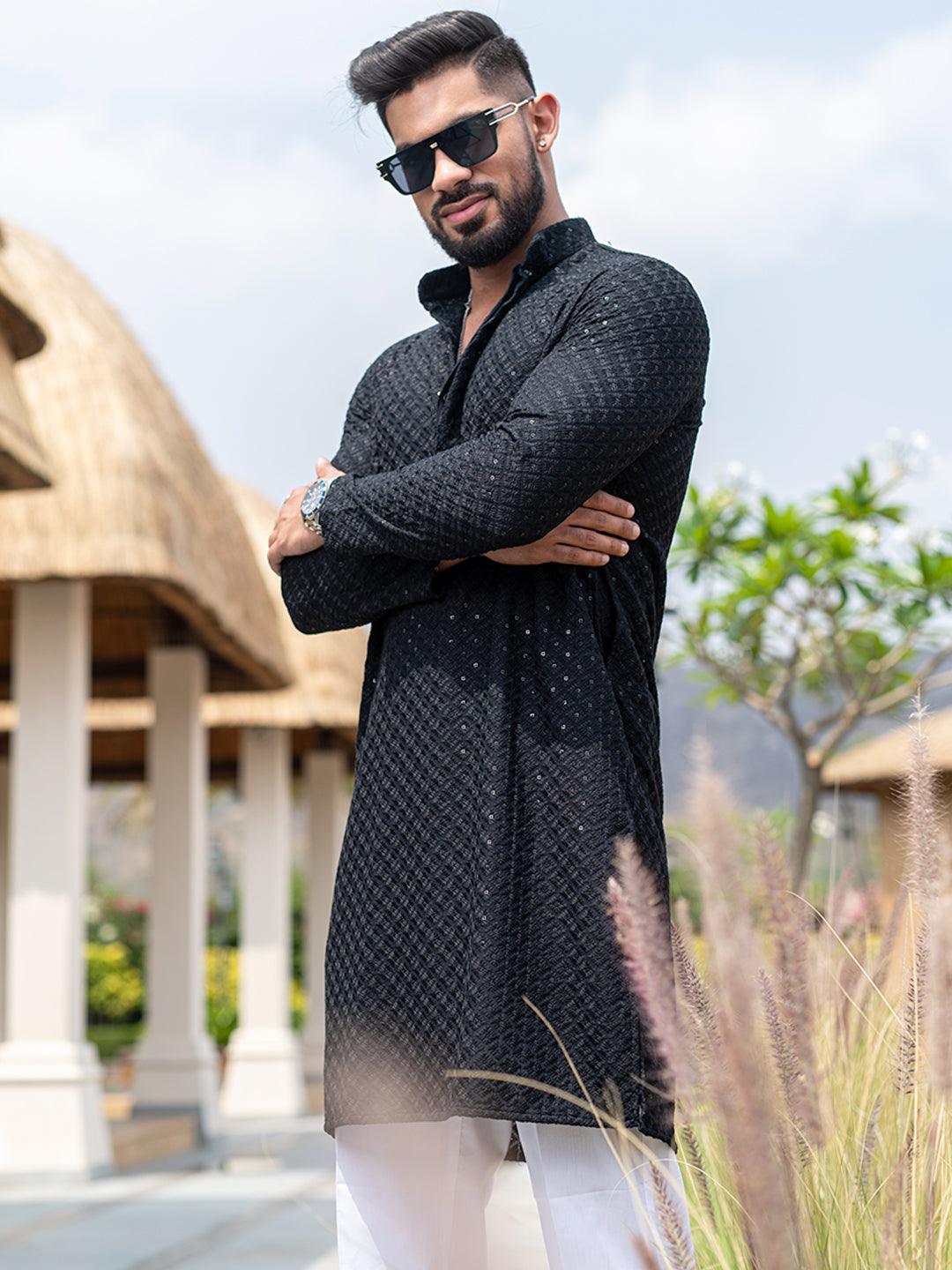 Men's Black Color Palian Kurta Falling Raw Silk - Hilo Design | Raw silk,  How to look classy, Black fabric